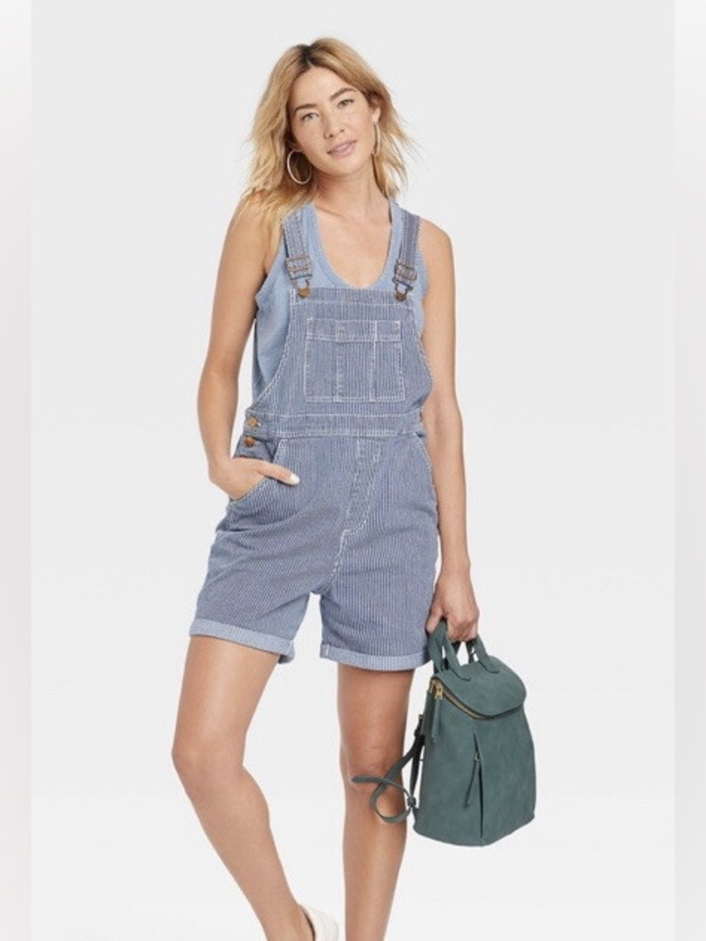 Women's Denim Boyfriend Shortalls - Universal Thread Blue Striped; Size 6